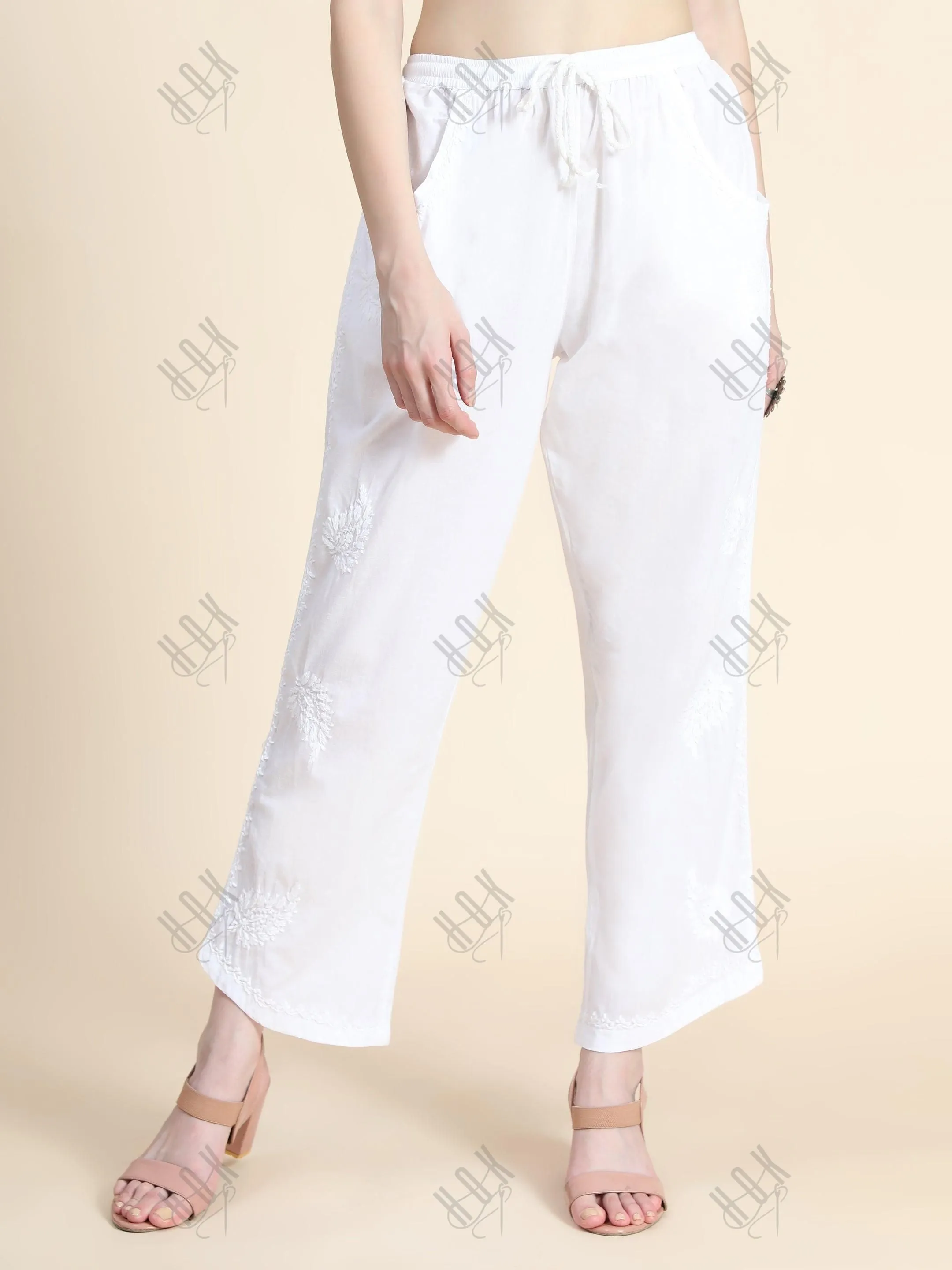 House Of Kari Chikankari Embroidered Cotton White Relaxed Pants Trousers-2