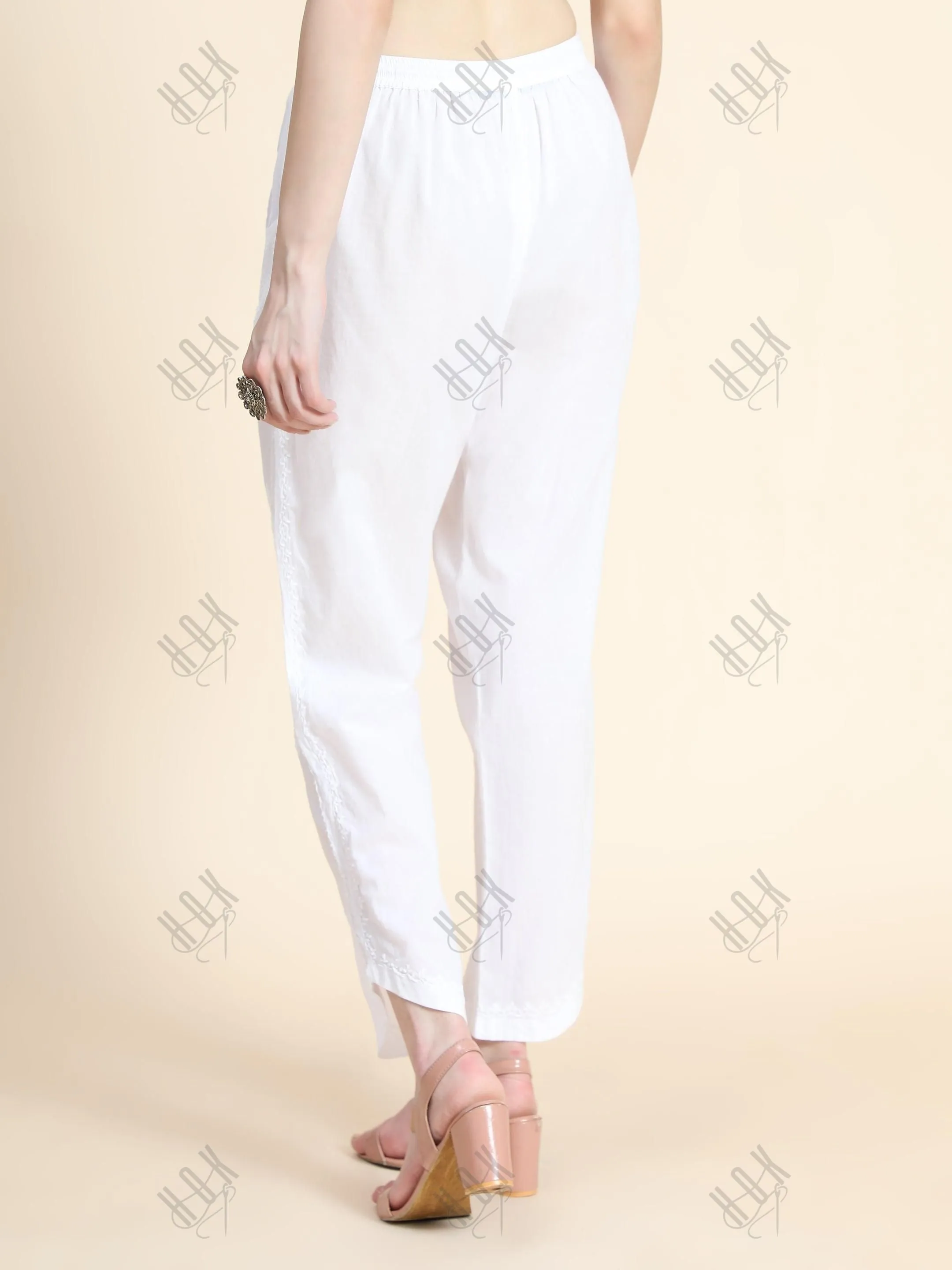 House Of Kari Chikankari Embroidered Cotton White Relaxed Pants Trousers-2