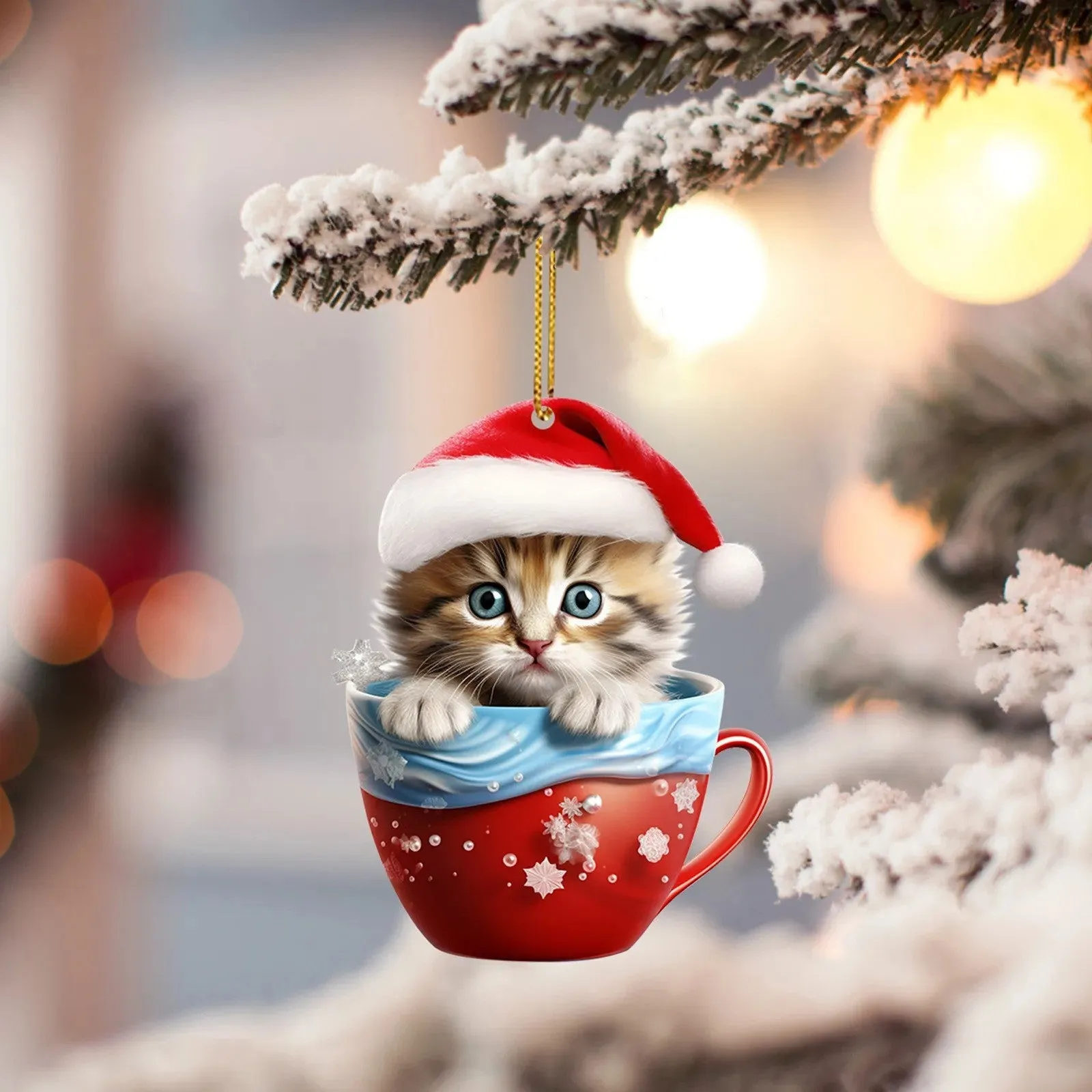 Kitty In a Tea Cup Christmas Tree Acrylic Ornament