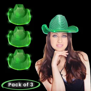 LED Light Up Flashing Sequin Green Cowboy Hat - Pack of 3 Hats