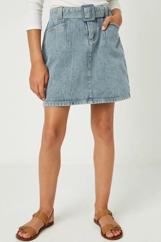 Light Denim Belted Denim Skirt