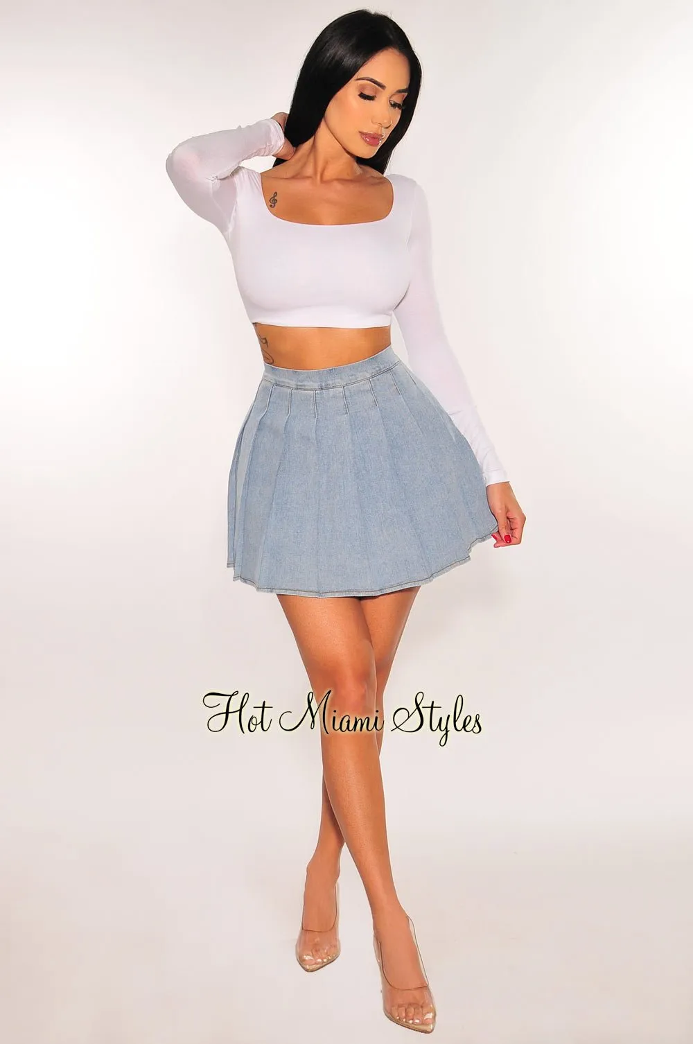 Light Denim Pleated High Waist Tennis Skort