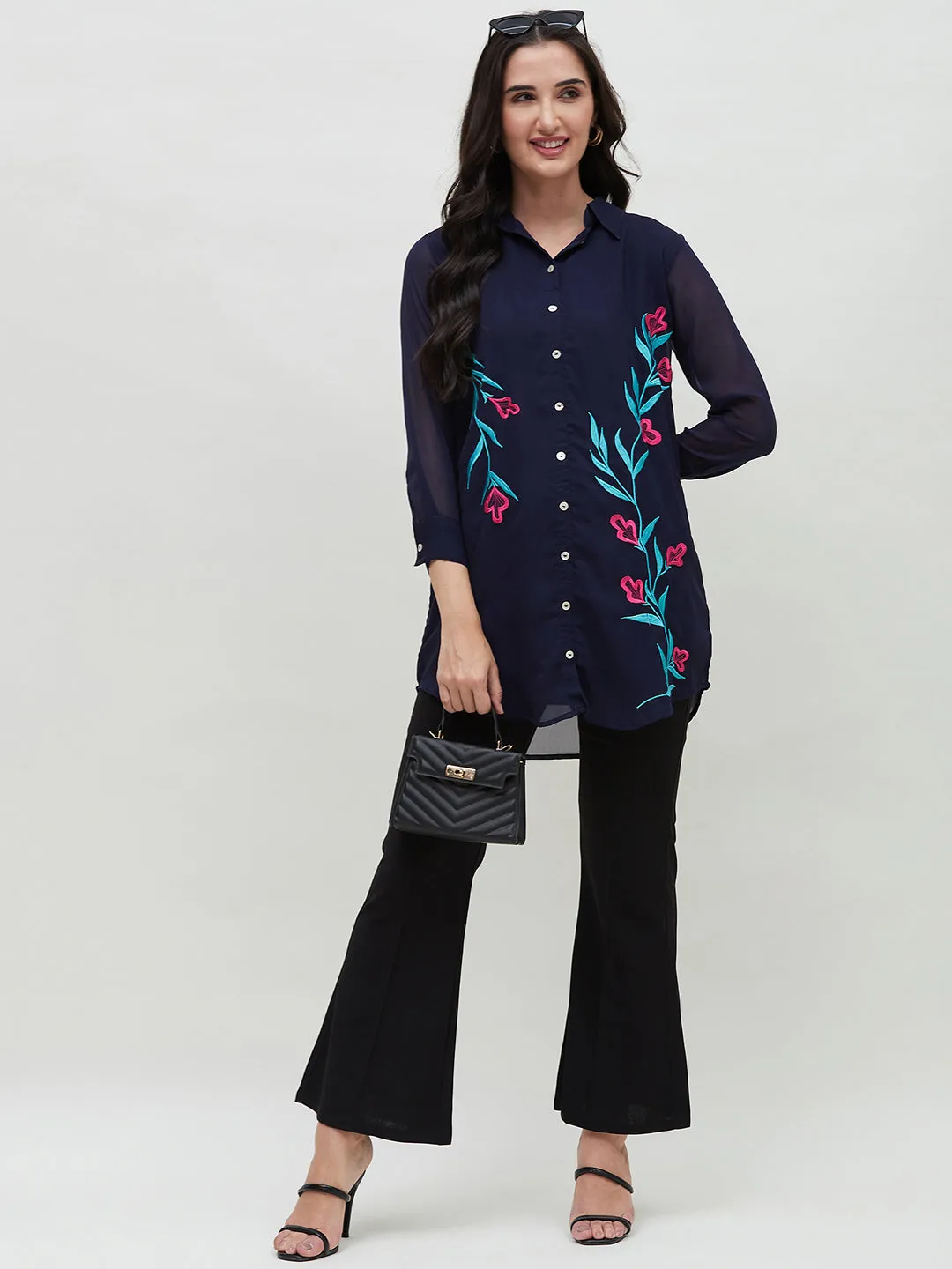 Long Navy Blue Embroidered Shirt