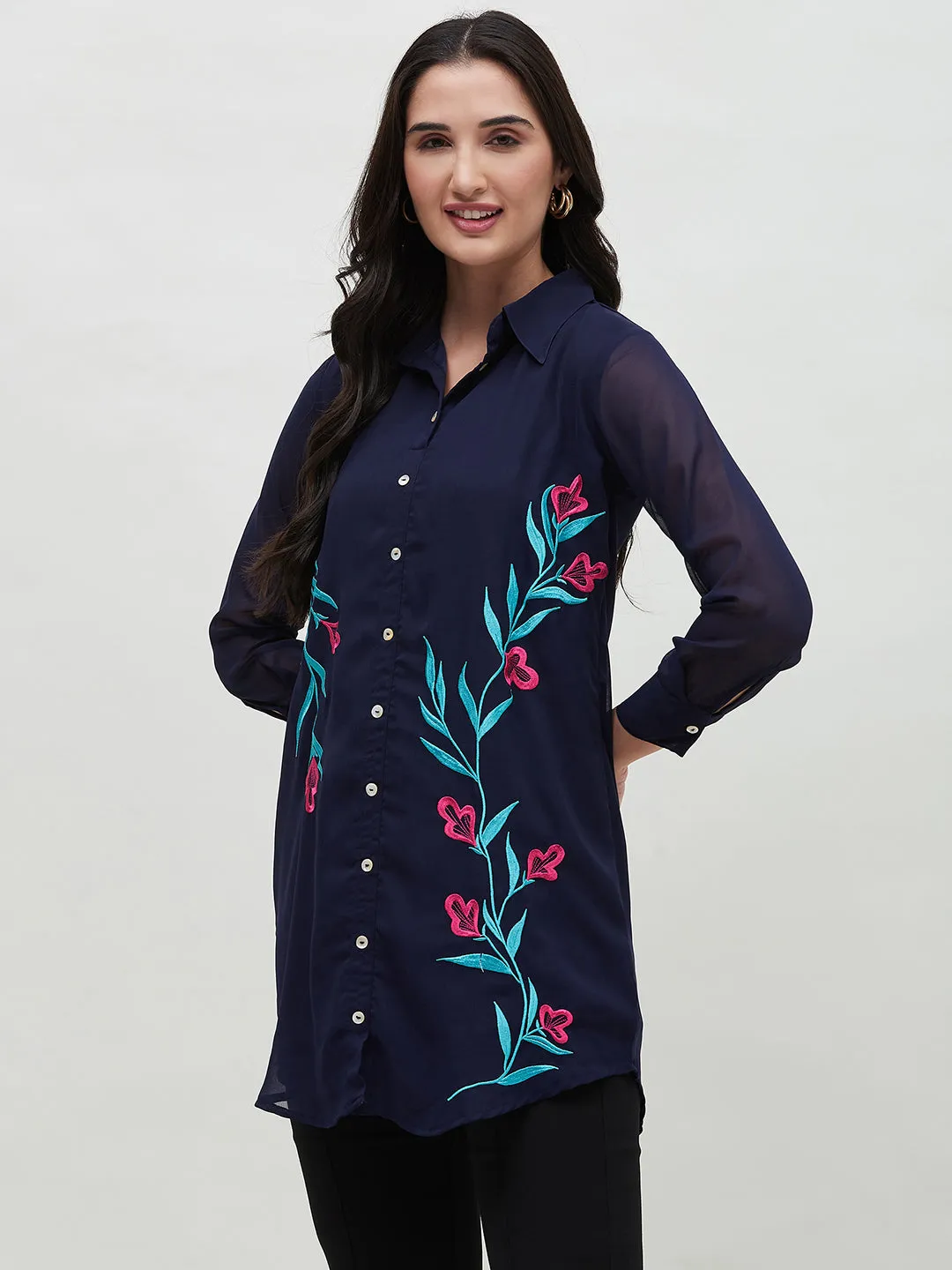 Long Navy Blue Embroidered Shirt