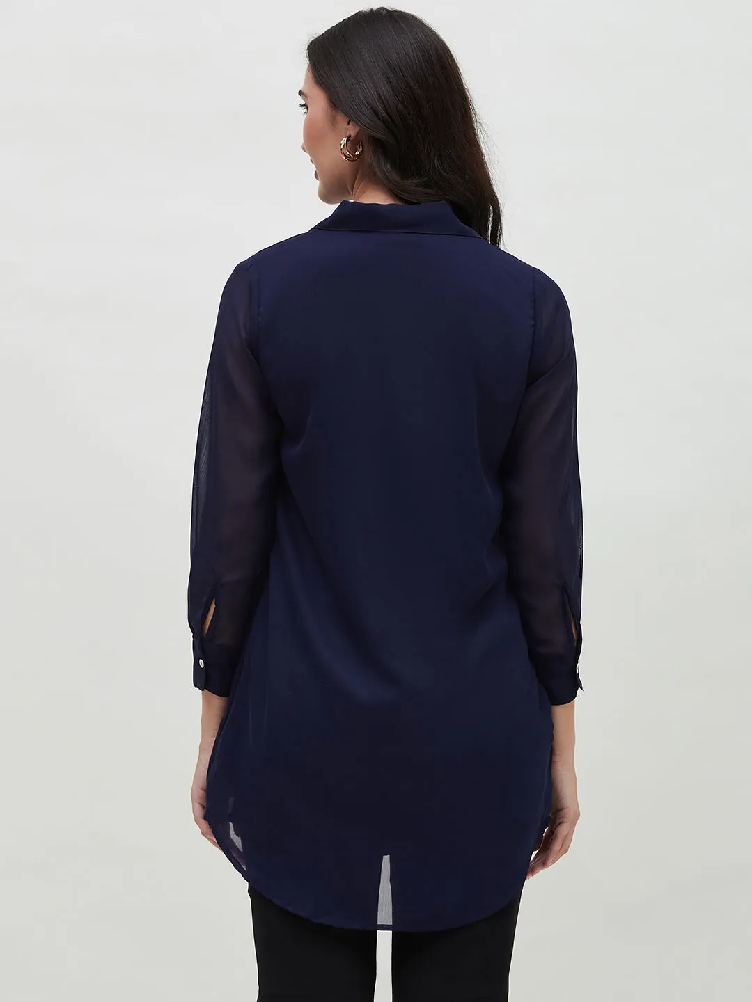 Long Navy Blue Embroidered Shirt