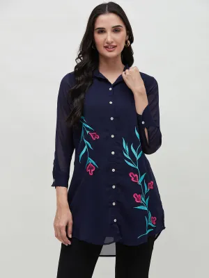 Long Navy Blue Embroidered Shirt