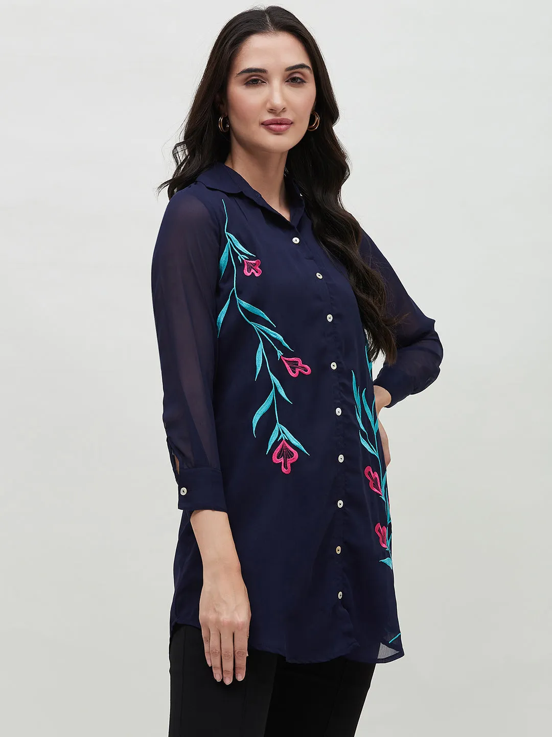 Long Navy Blue Embroidered Shirt