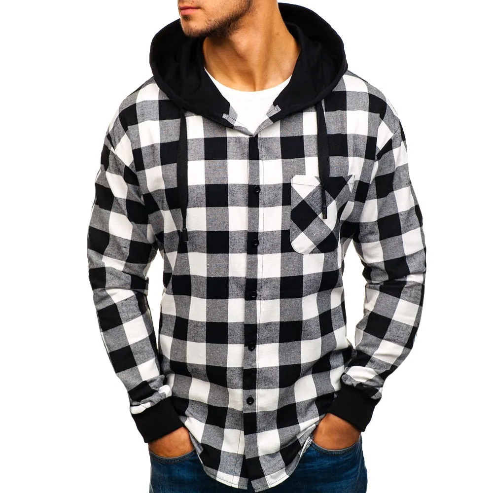 Men's Autumn Casual Plaid Shirts Long Sleeve Pullover Shirt Top Hooded Blouse Sportswear