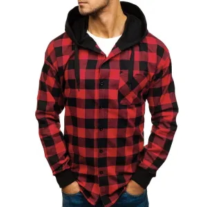 Men's Autumn Casual Plaid Shirts Long Sleeve Pullover Shirt Top Hooded Blouse Sportswear