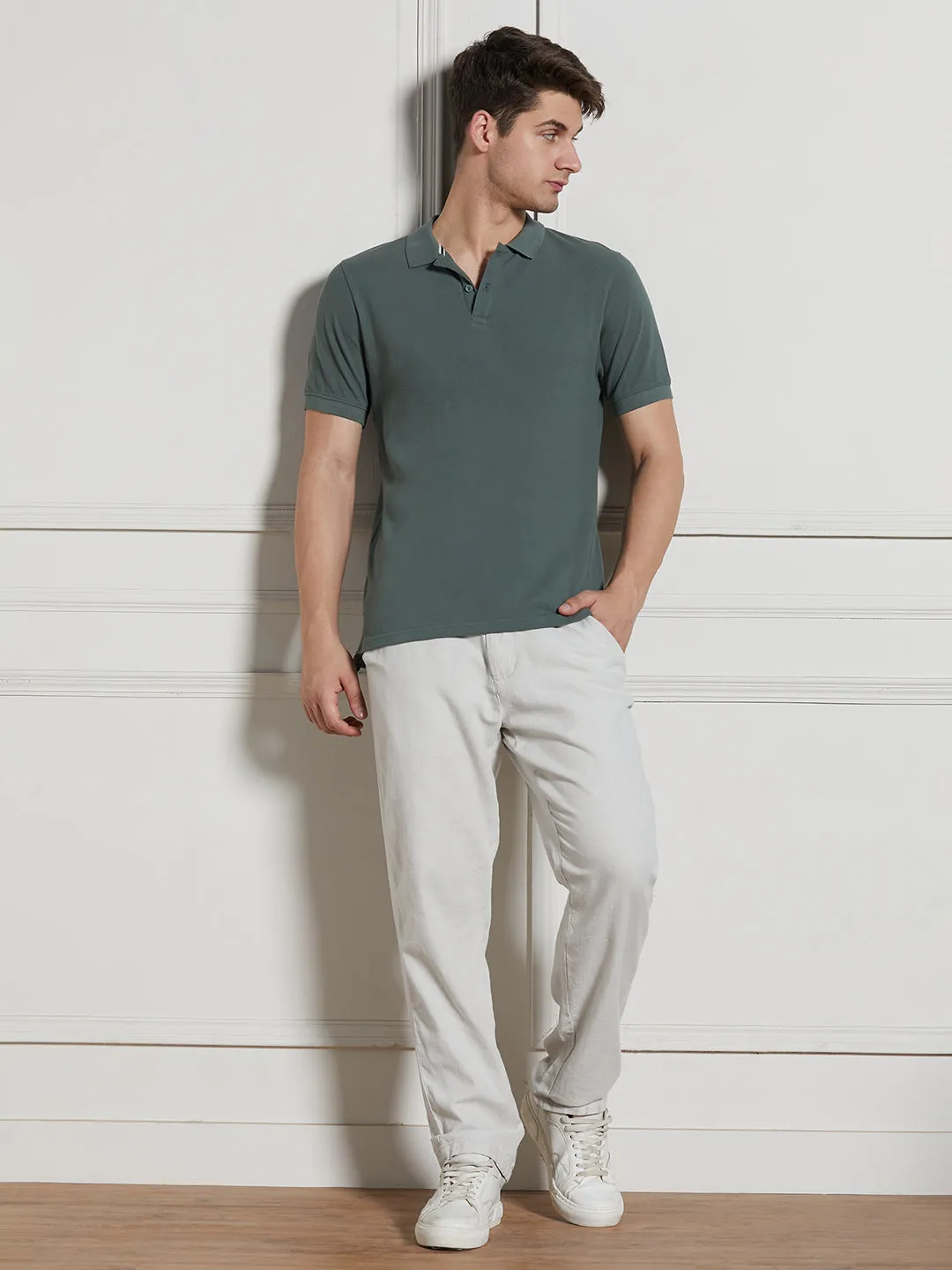 Men's Sage green Cotton Regular Fit Polo T-Shirt