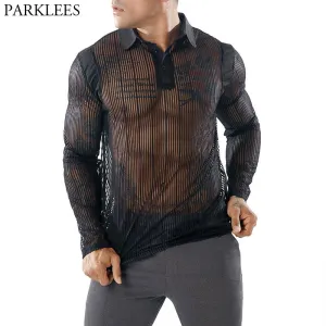 Men's Sexy See-through Transparent T Shirt 2018 Fashion New Long Sleeve Nightclub Wear Tshirt Men Party Prom Streetwear Tops Tee