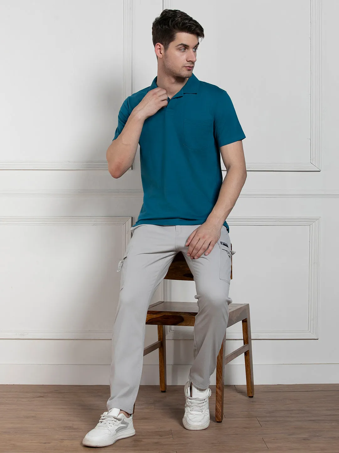 Men's Teal Polo Collar Solid Regular Fit T-Shirt