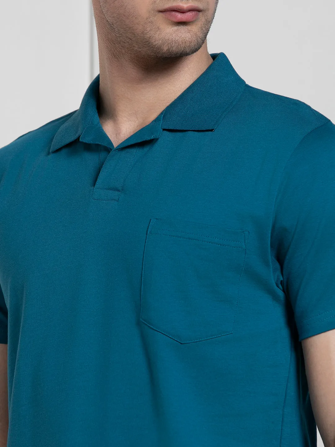 Men's Teal Polo Collar Solid Regular Fit T-Shirt