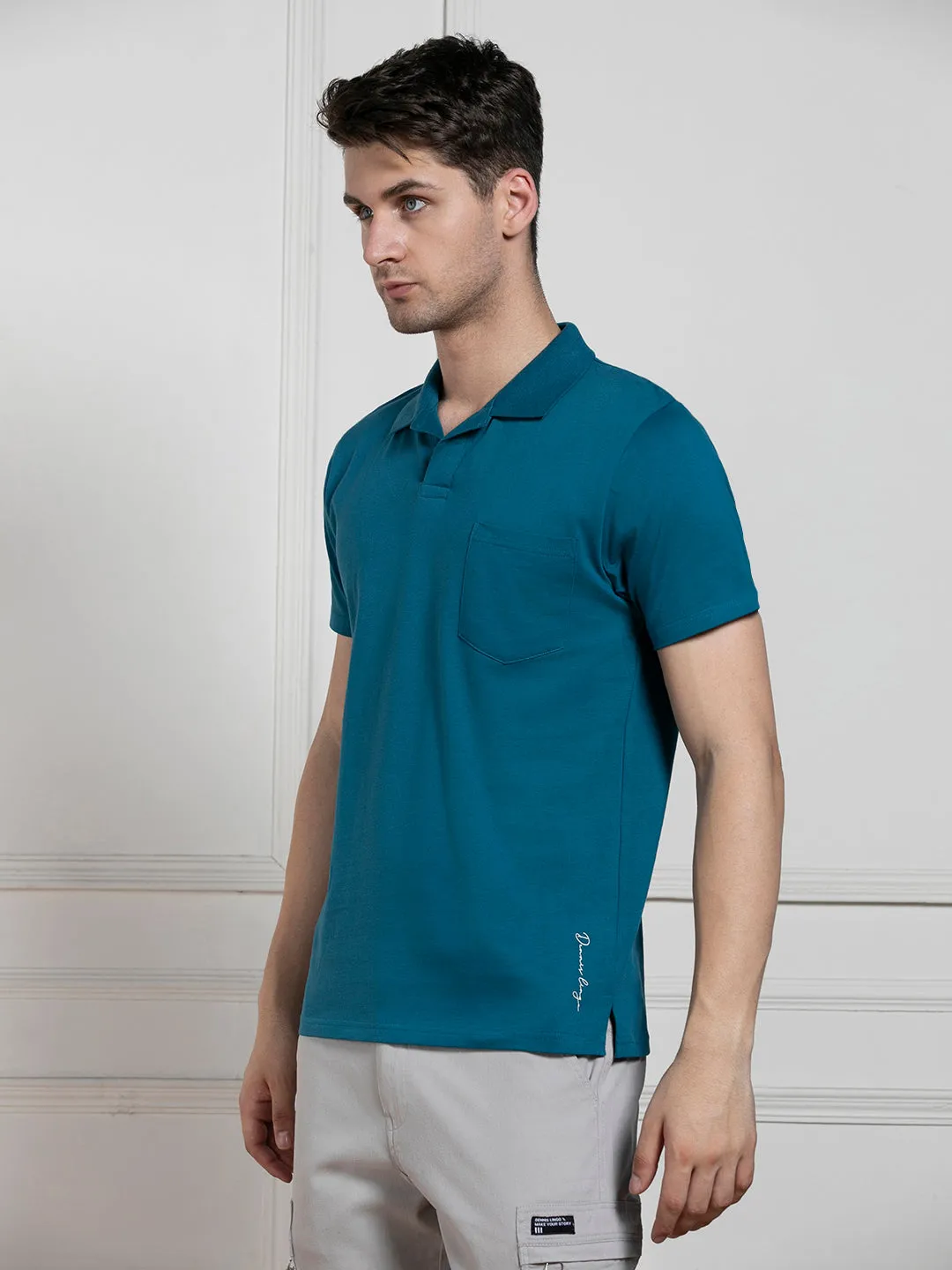 Men's Teal Polo Collar Solid Regular Fit T-Shirt