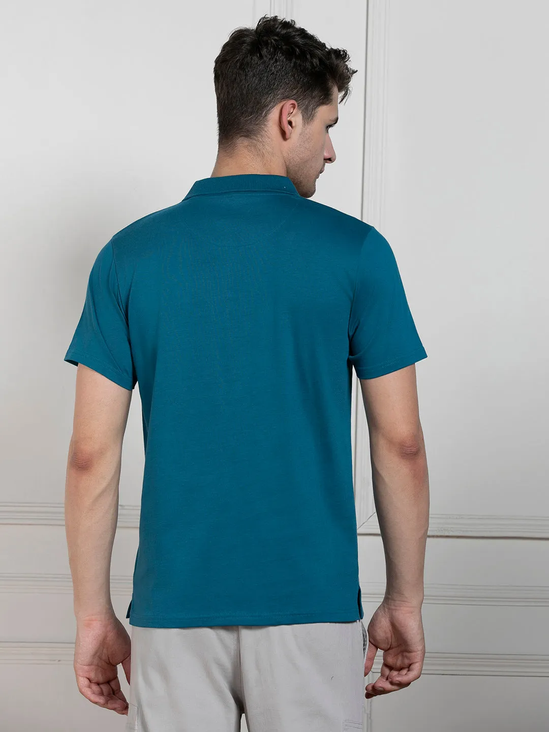 Men's Teal Polo Collar Solid Regular Fit T-Shirt