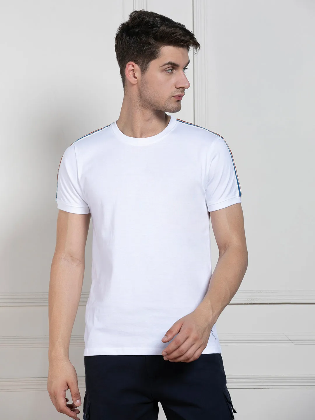 Men's White Round Neck Solid Regular Fit T-Shirt