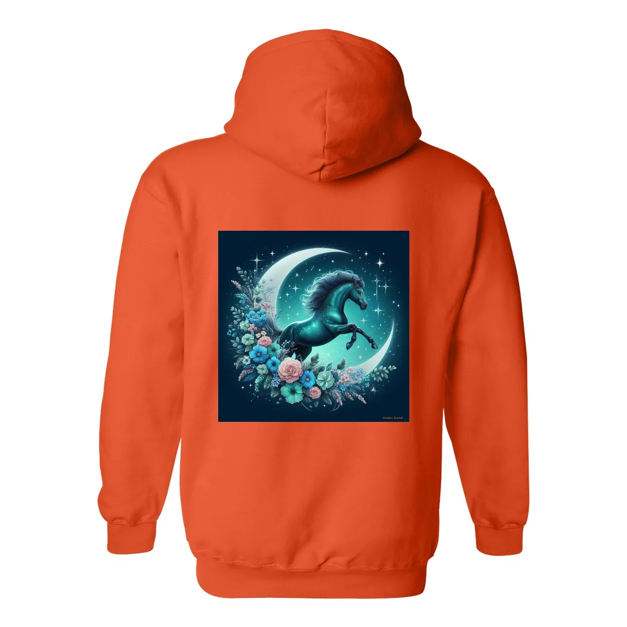 Moon Flowers Turquoise Horse Design on Back Front Pocket Hoodies