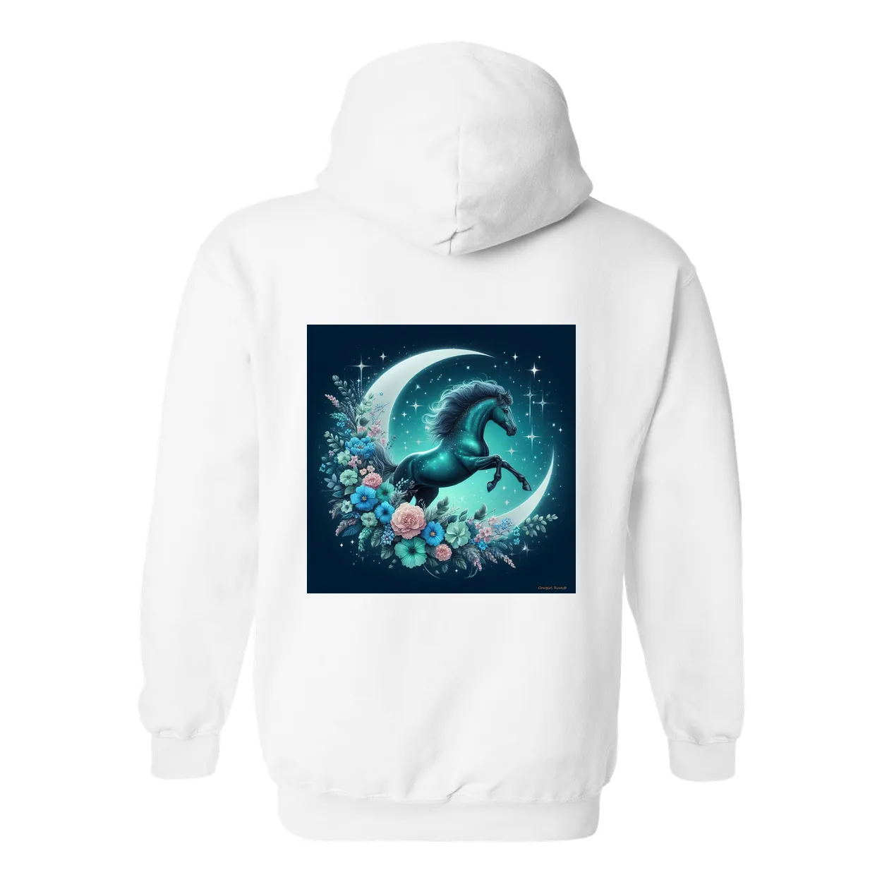 Moon Flowers Turquoise Horse Design on Back Front Pocket Hoodies