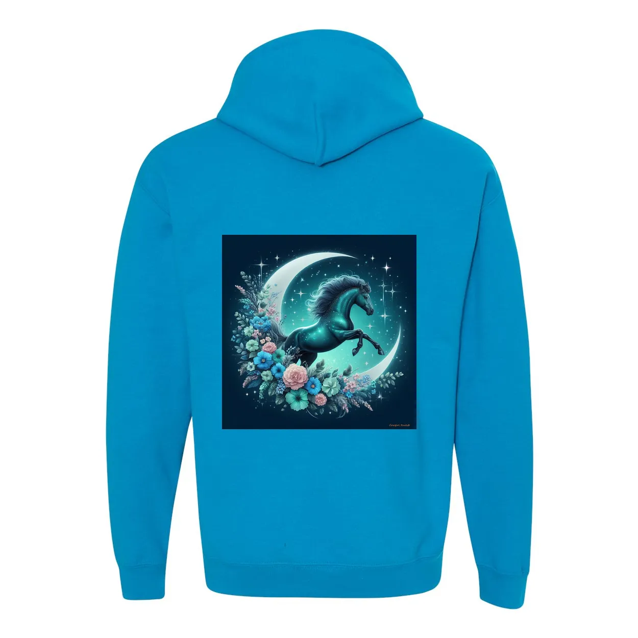 Moon Flowers Turquoise Horse Design on Back Front Pocket Hoodies