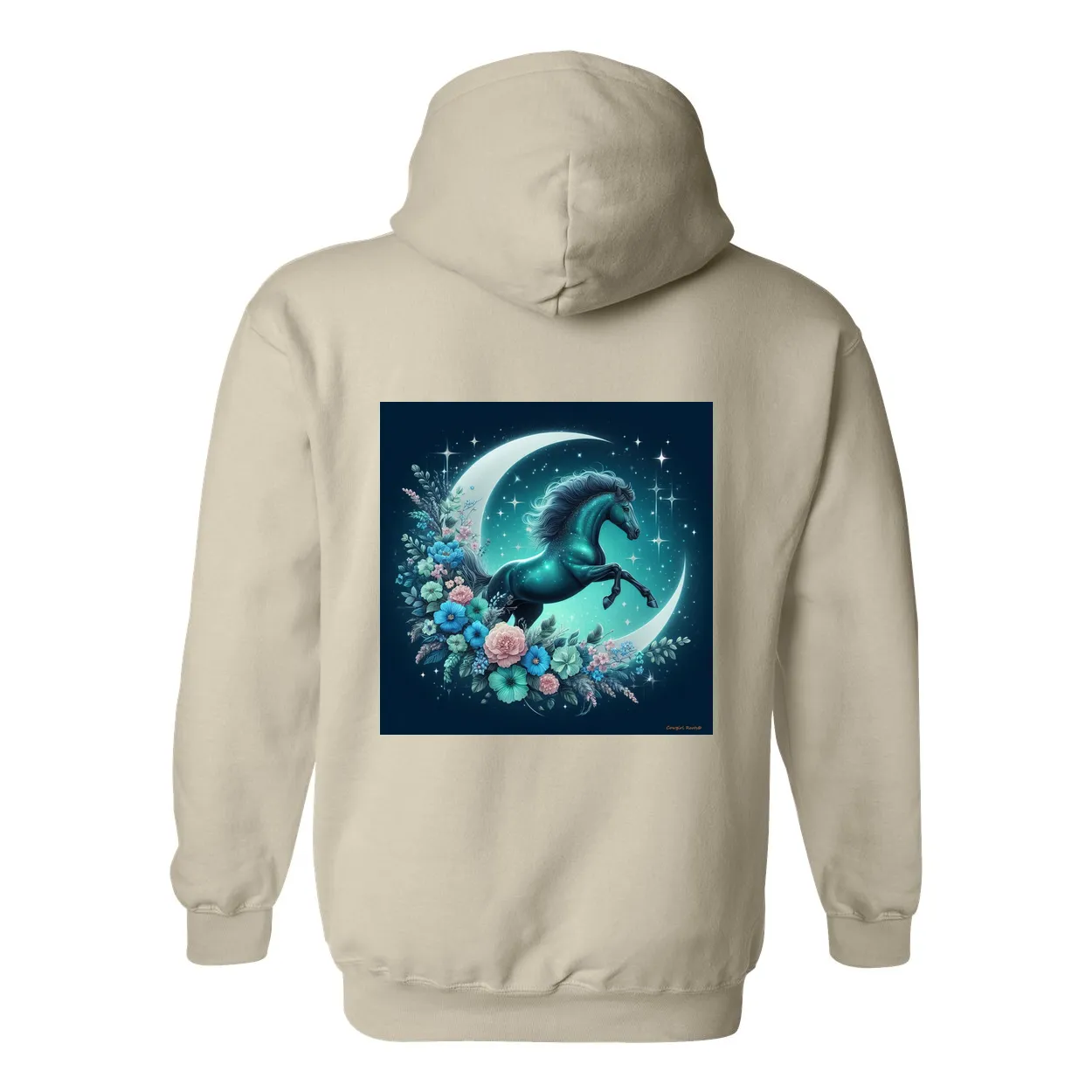 Moon Flowers Turquoise Horse Design on Back Front Pocket Hoodies