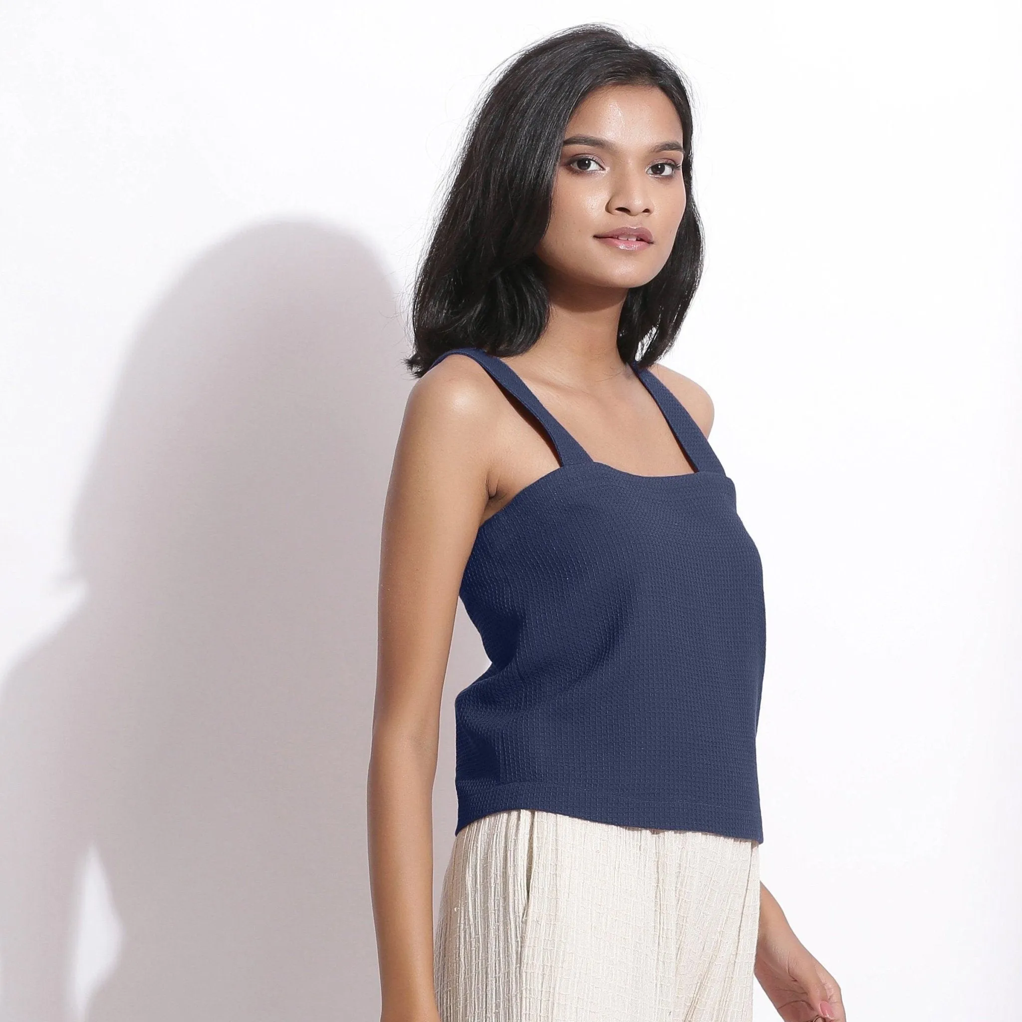 Navy Blue Warm Cotton Honeycomb Waffle Crop Top