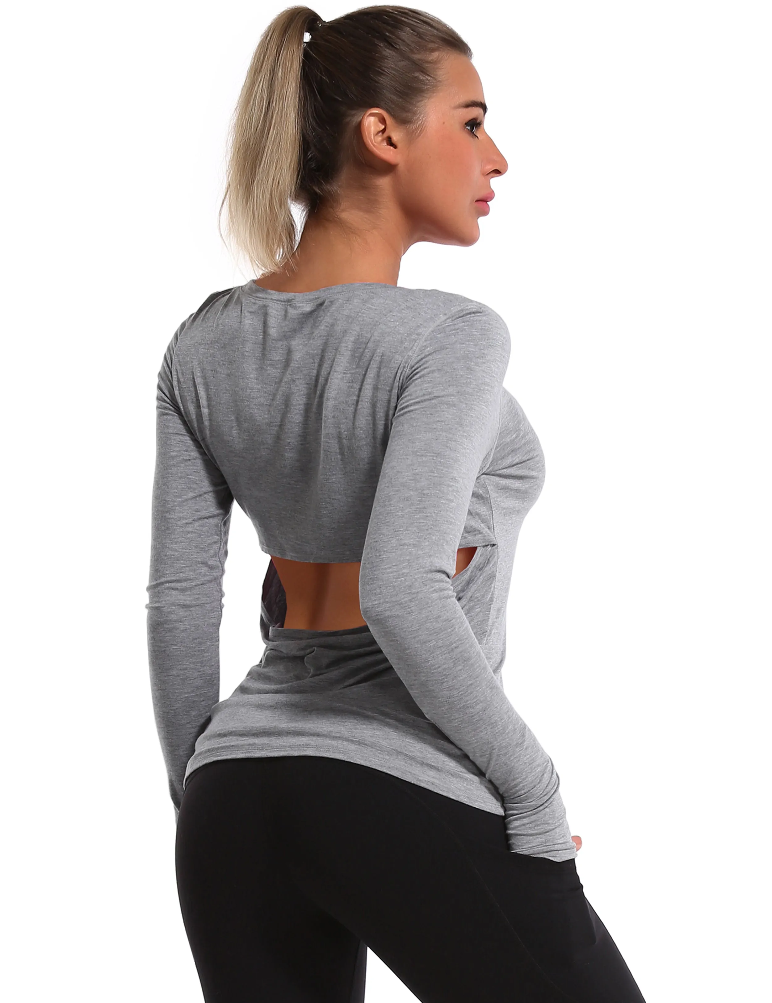 Open Back Long Sleeve Tops heathergray_Pilates