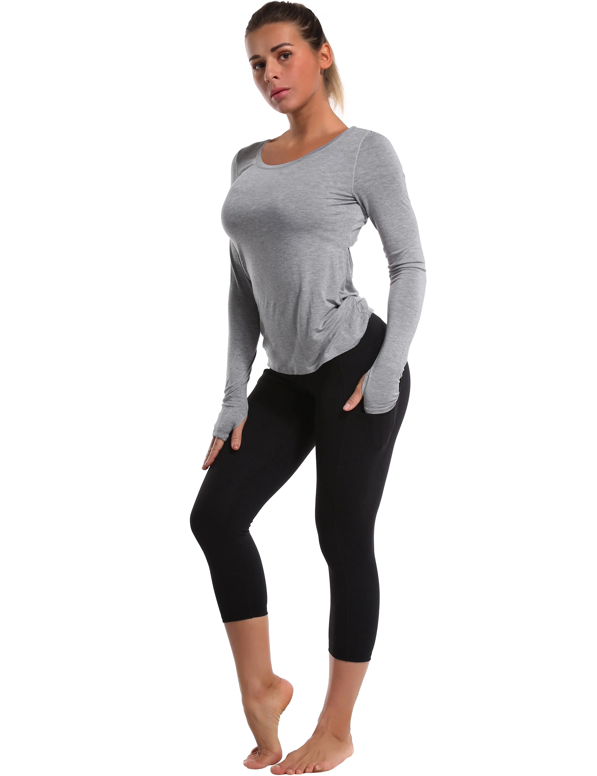 Open Back Long Sleeve Tops heathergray_Pilates