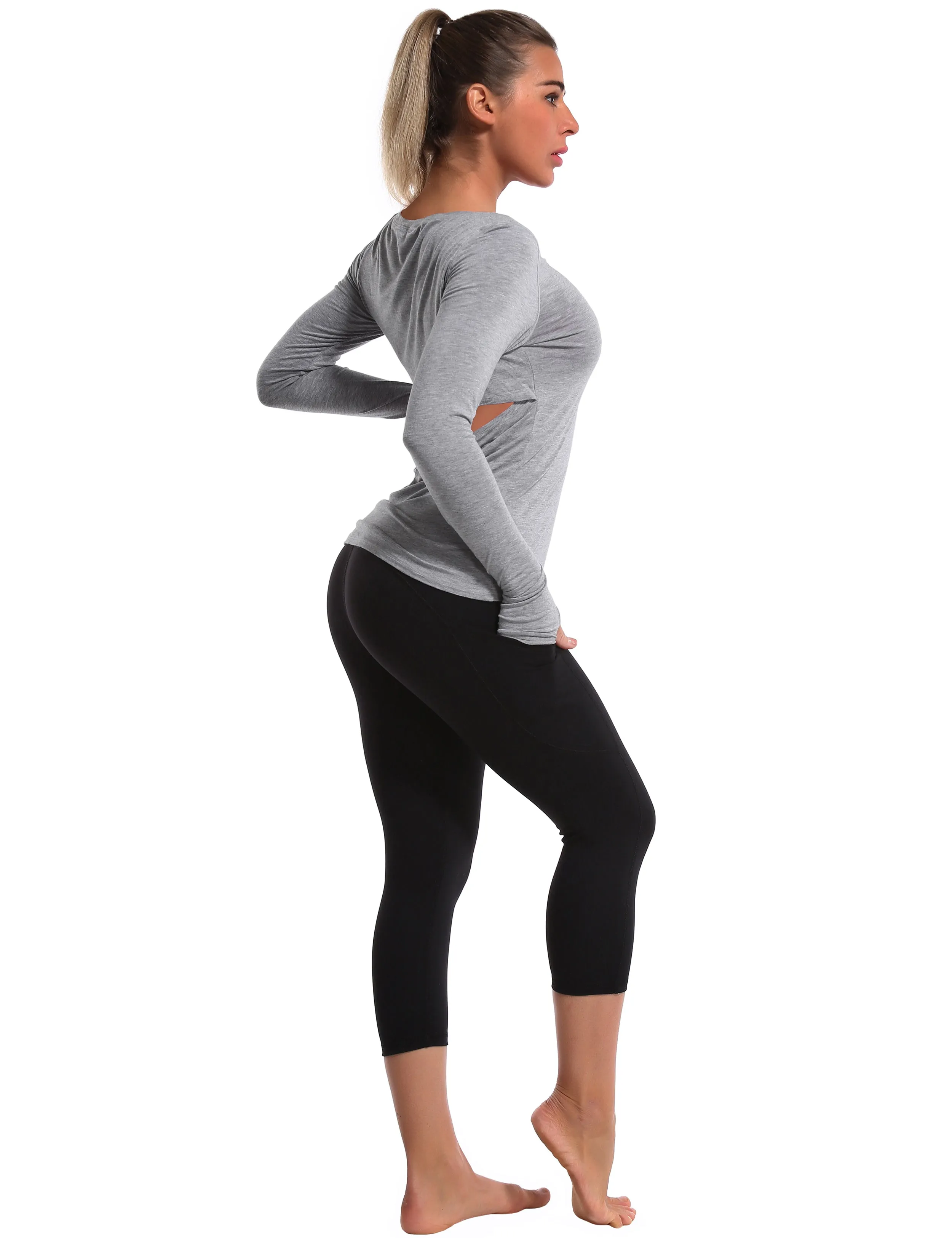 Open Back Long Sleeve Tops heathergray_Pilates