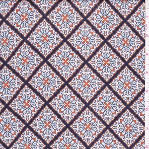 Persimmon Orange/Cloud Blue Scroll Tile Crepon Fabric