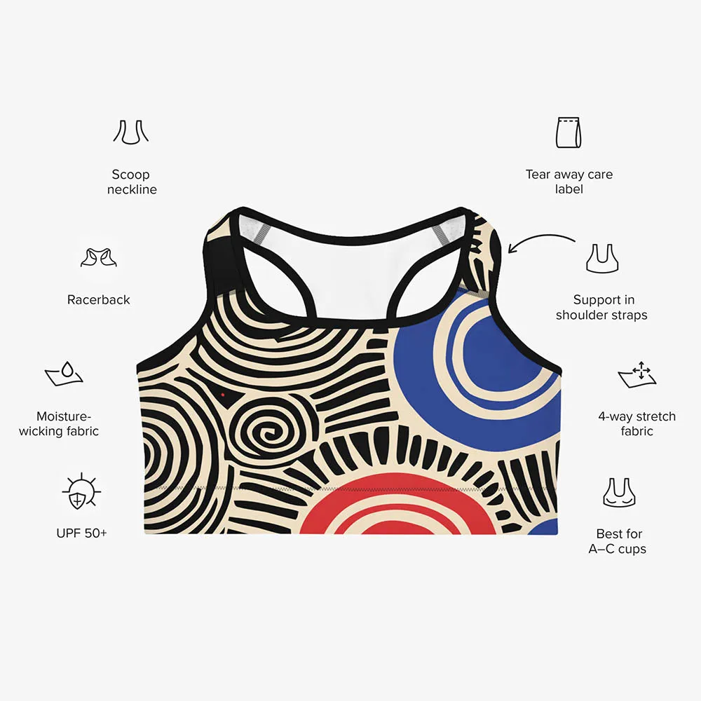 Printed Sports Bra "Vertigo" Black/Blue/Red