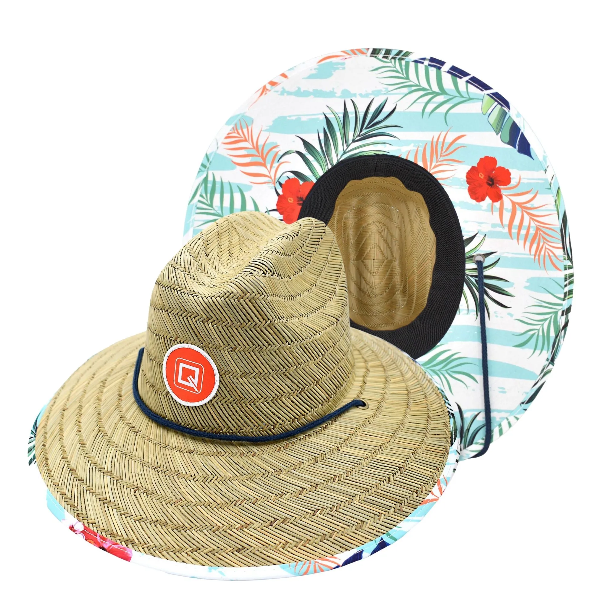 Qwave Straw Hats for Women - Stylish Tropical Print Designs, Beach Gear Sun Hats for Women, Lifeguard Hat with Sun Protection - Pink & Blue Palm Print