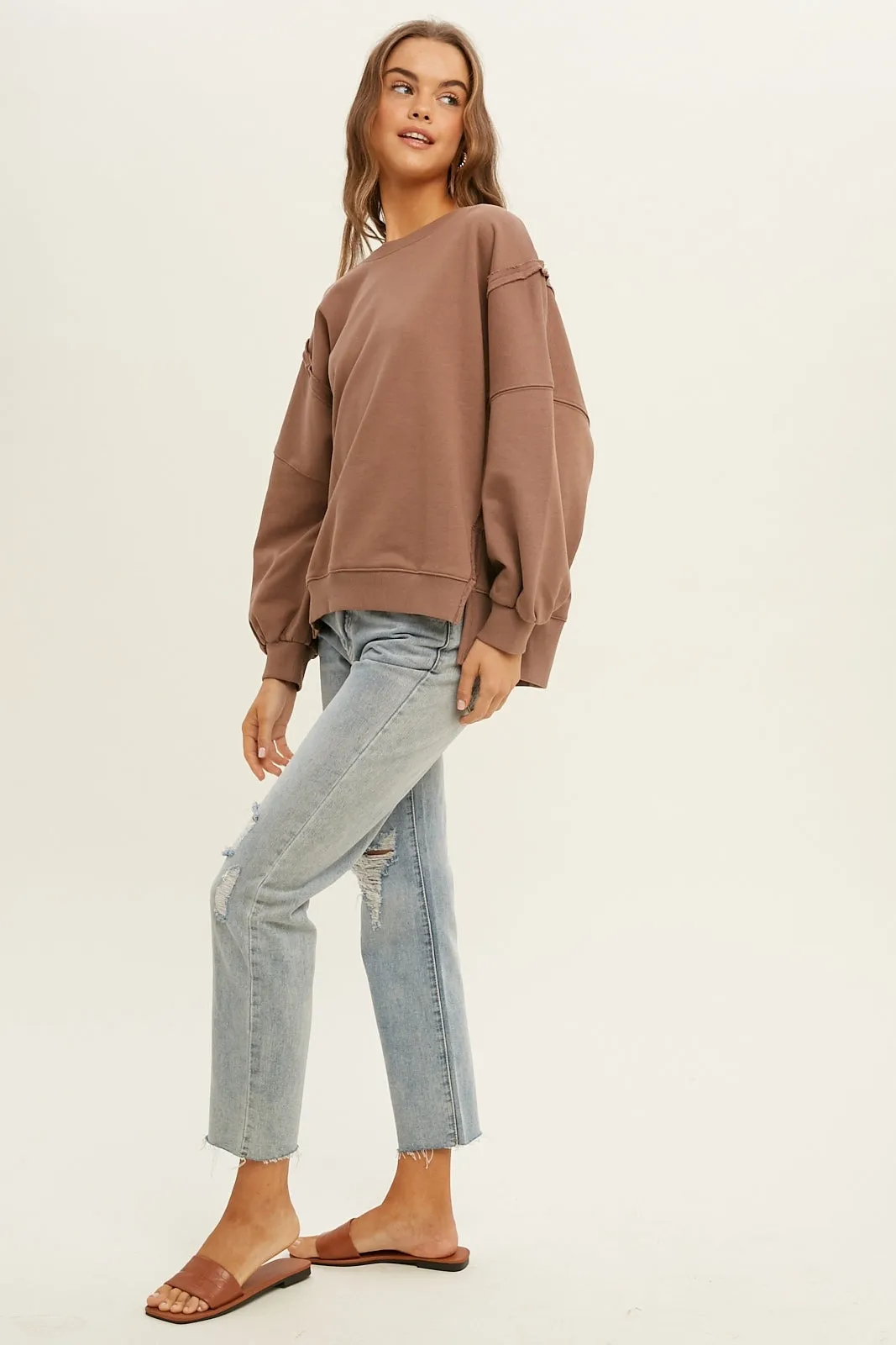 raw edge french terry sweatshirt - mocha