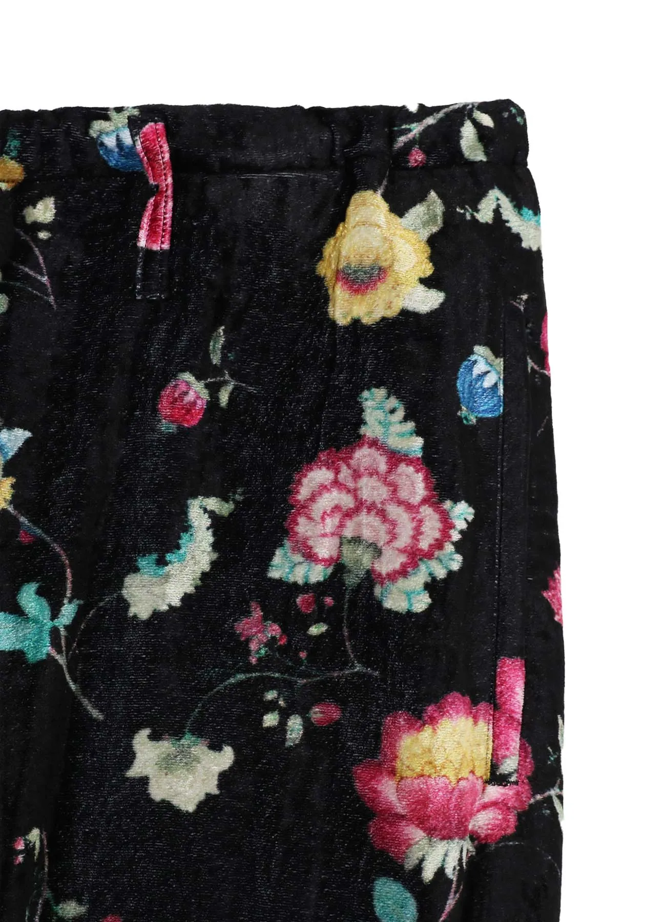 RAYON VELVET PRINT CHINESE FLOWER WAIST DRAWSTRING PANTS