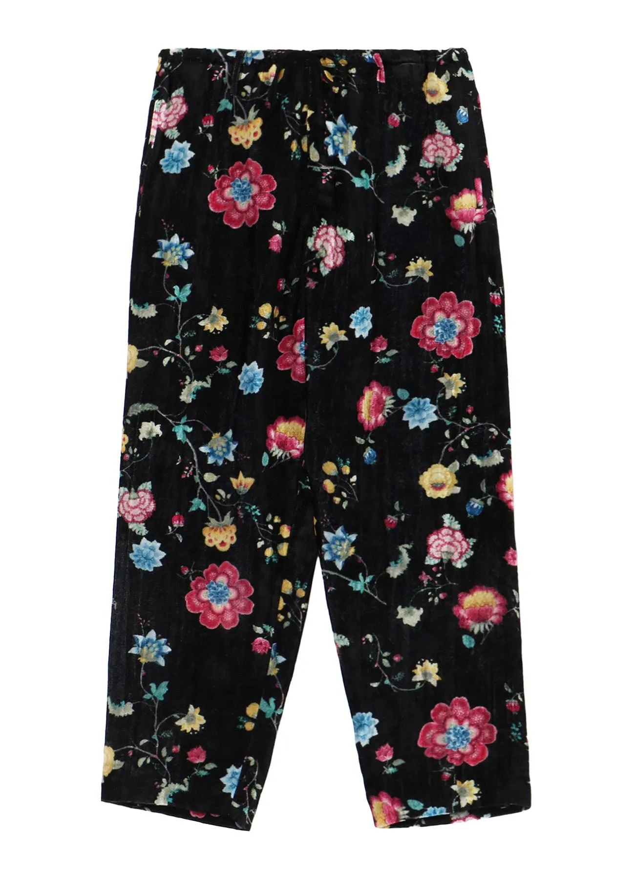 RAYON VELVET PRINT CHINESE FLOWER WAIST DRAWSTRING PANTS