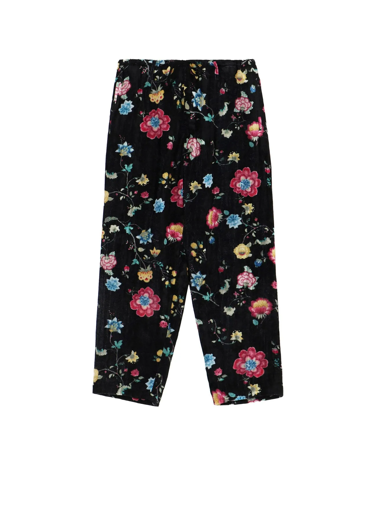 RAYON VELVET PRINT CHINESE FLOWER WAIST DRAWSTRING PANTS