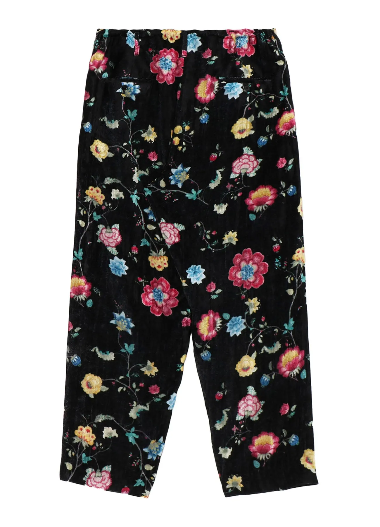 RAYON VELVET PRINT CHINESE FLOWER WAIST DRAWSTRING PANTS