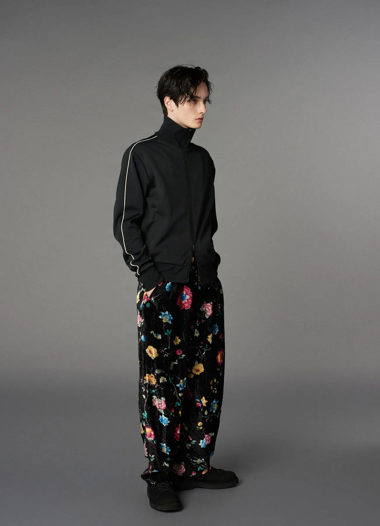 RAYON VELVET PRINT CHINESE FLOWER WAIST DRAWSTRING PANTS