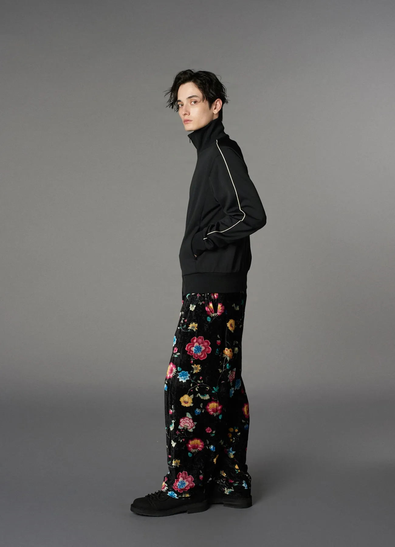 RAYON VELVET PRINT CHINESE FLOWER WAIST DRAWSTRING PANTS