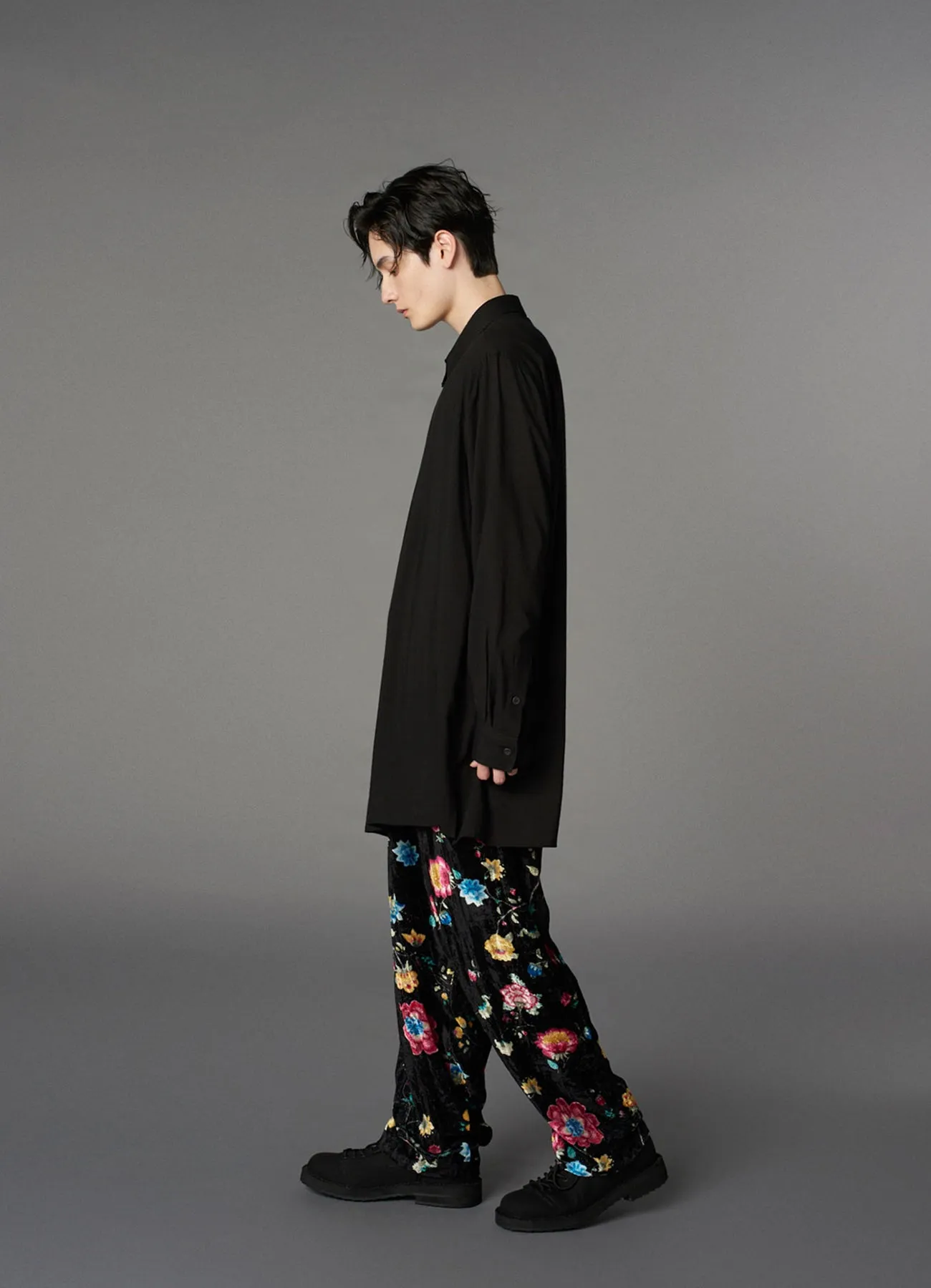 RAYON VELVET PRINT CHINESE FLOWER WAIST DRAWSTRING PANTS