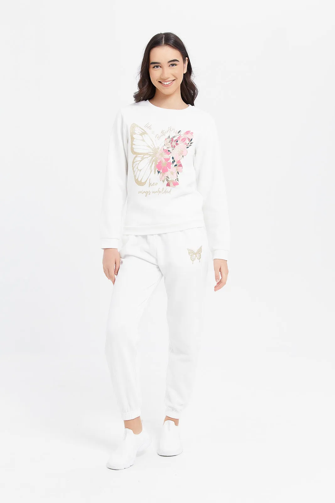 Senior Girls Printed White Basic Sweatshirt