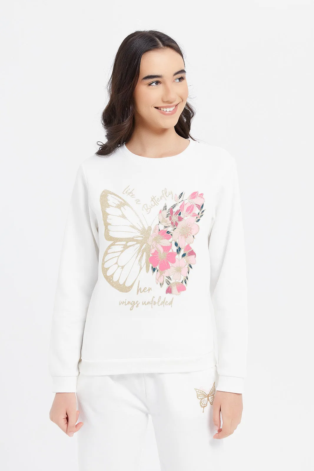 Senior Girls Printed White Basic Sweatshirt