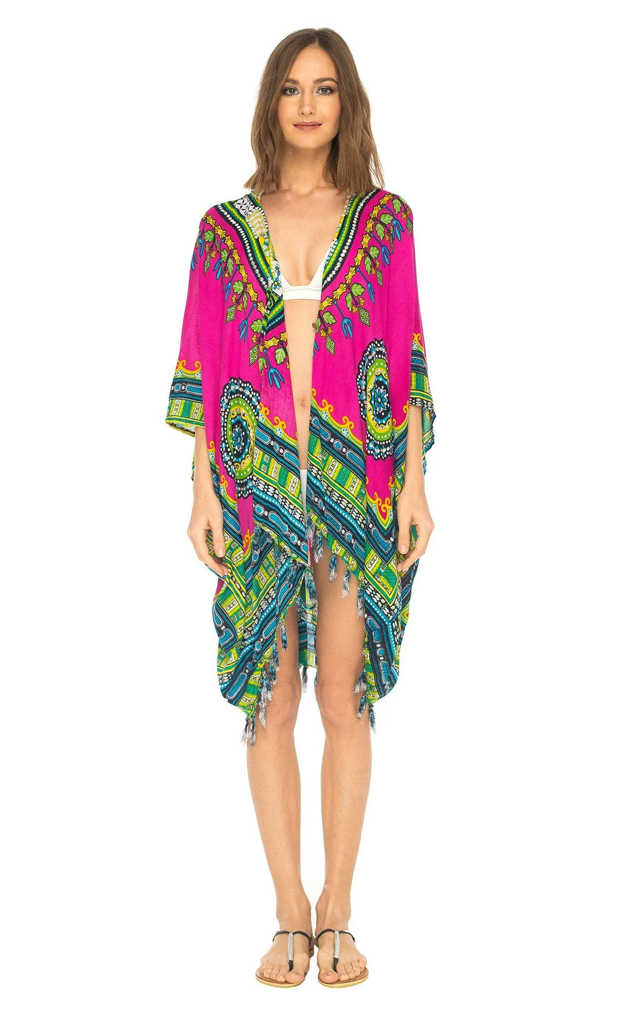 SHU-SHI Women's Dashiki Sequined Beach Cover-Up | Open Front Kimono Cardigan for Bikinis