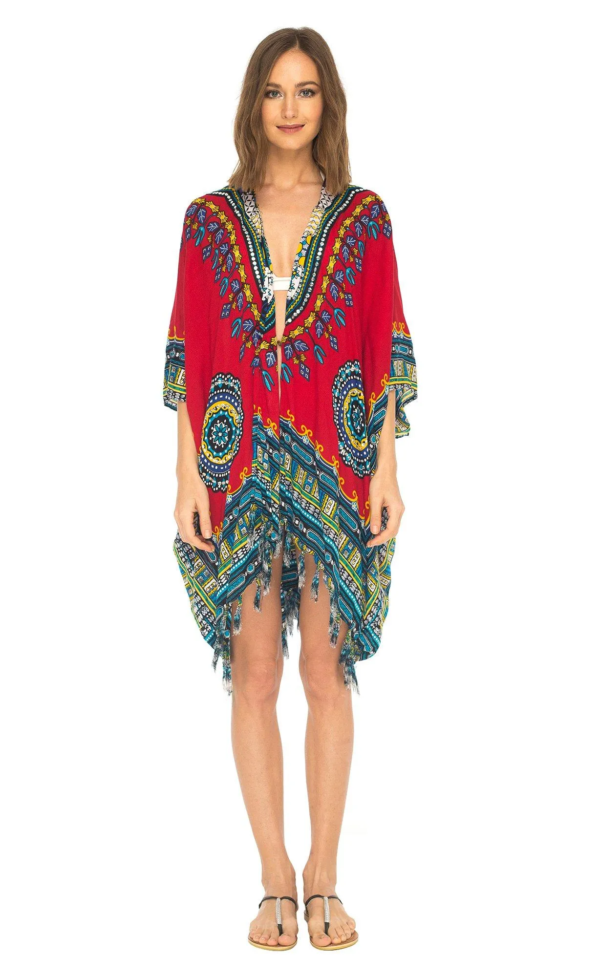 SHU-SHI Women's Dashiki Sequined Beach Cover-Up | Open Front Kimono Cardigan for Bikinis