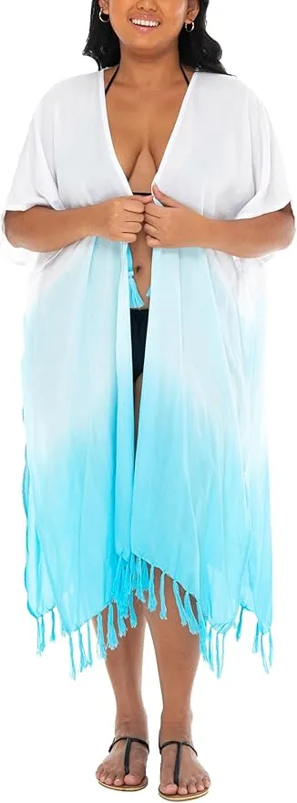 SHU-SHI Womens Plus Size Kimono Cardigan Fringe Ombre Swimwear Extra Wide Flowy Robe Beach  Open Front Fits L-XXL