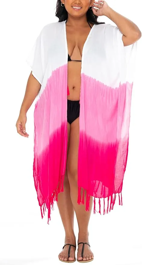 SHU-SHI Womens Plus Size Kimono Cardigan Fringe Ombre Swimwear Extra Wide Flowy Robe Beach  Open Front Fits L-XXL