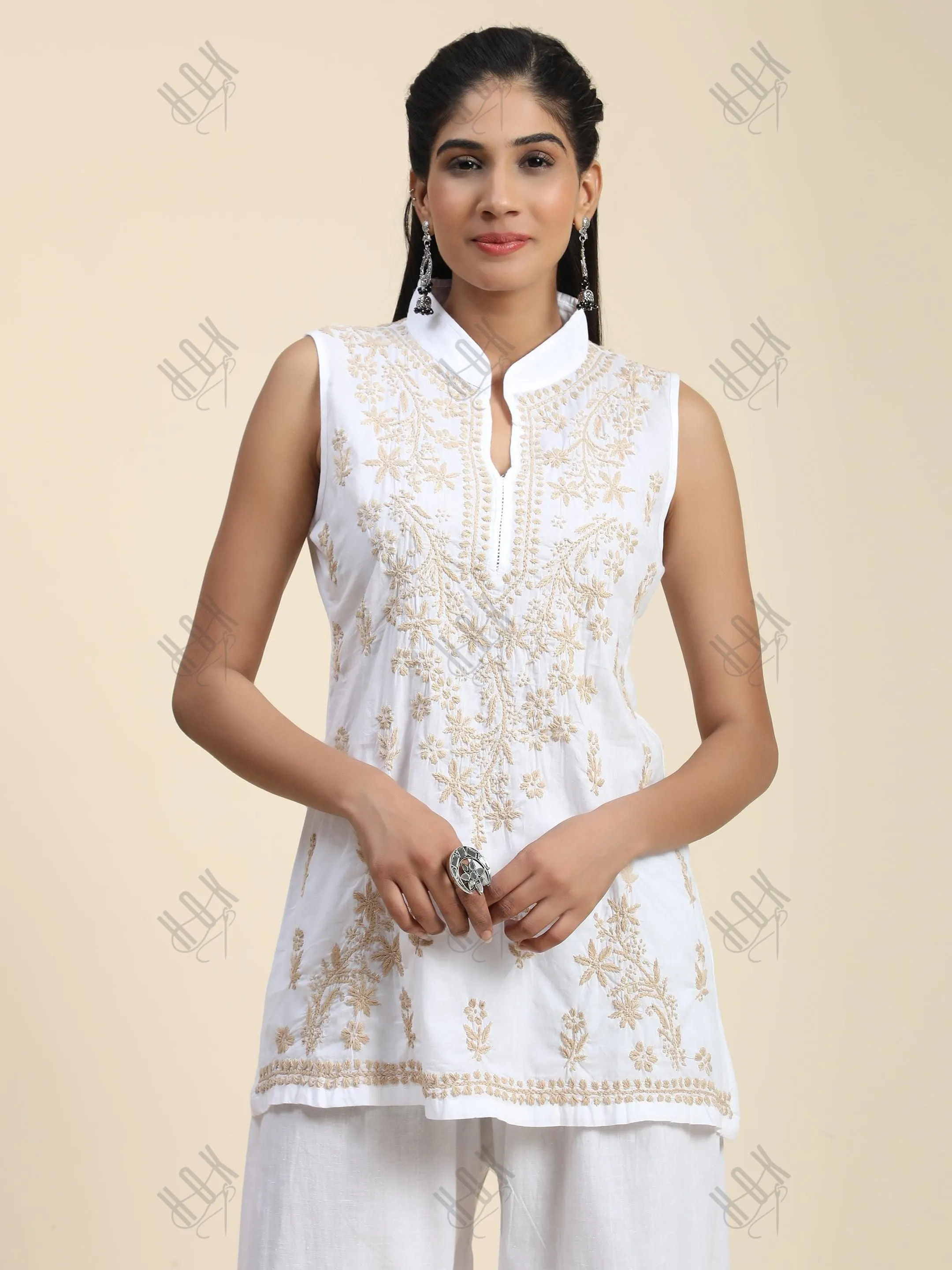 Sleeveless Hand Embroidery Chikankari Printed Short Cotton Tunics-White With Golden