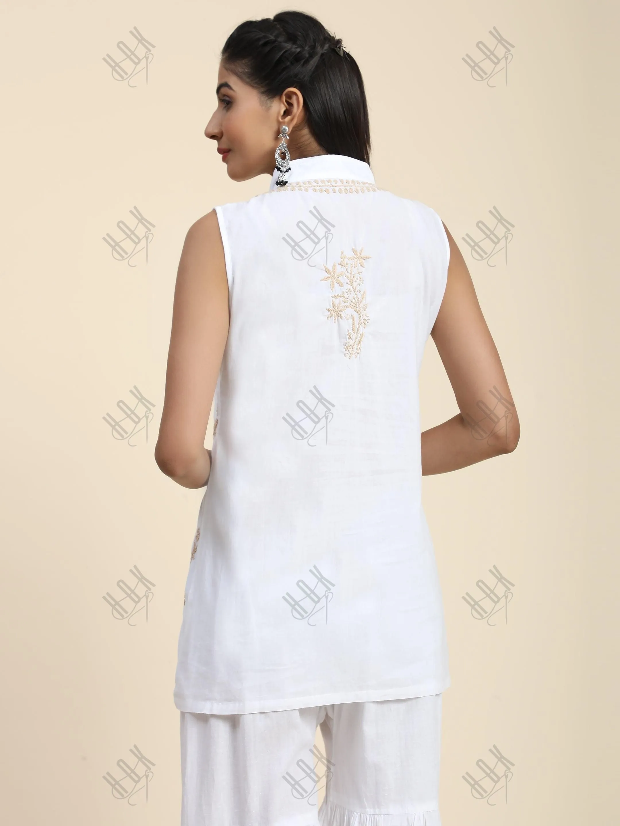 Sleeveless Hand Embroidery Chikankari Printed Short Cotton Tunics-White With Golden