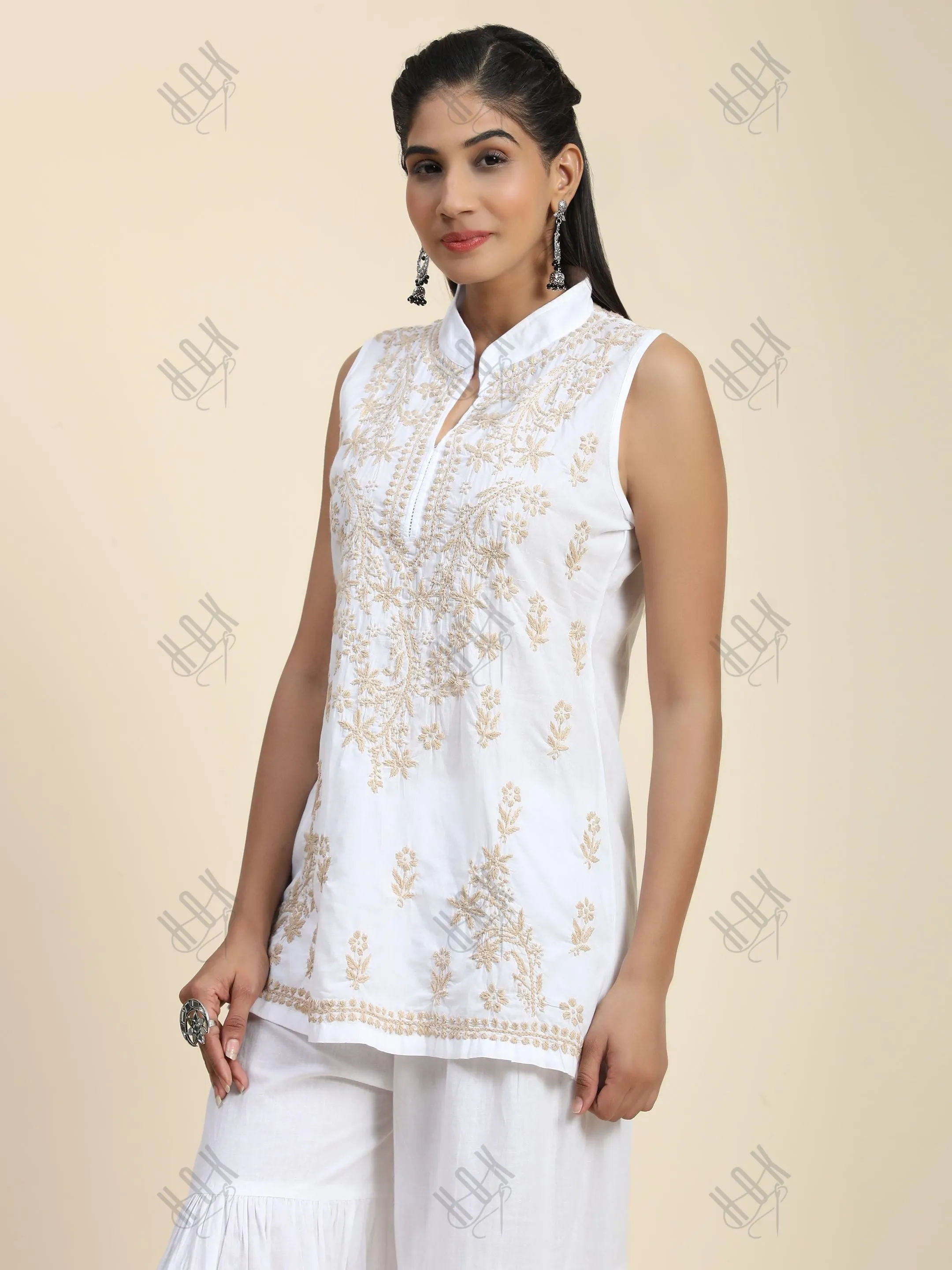 Sleeveless Hand Embroidery Chikankari Printed Short Cotton Tunics-White With Golden