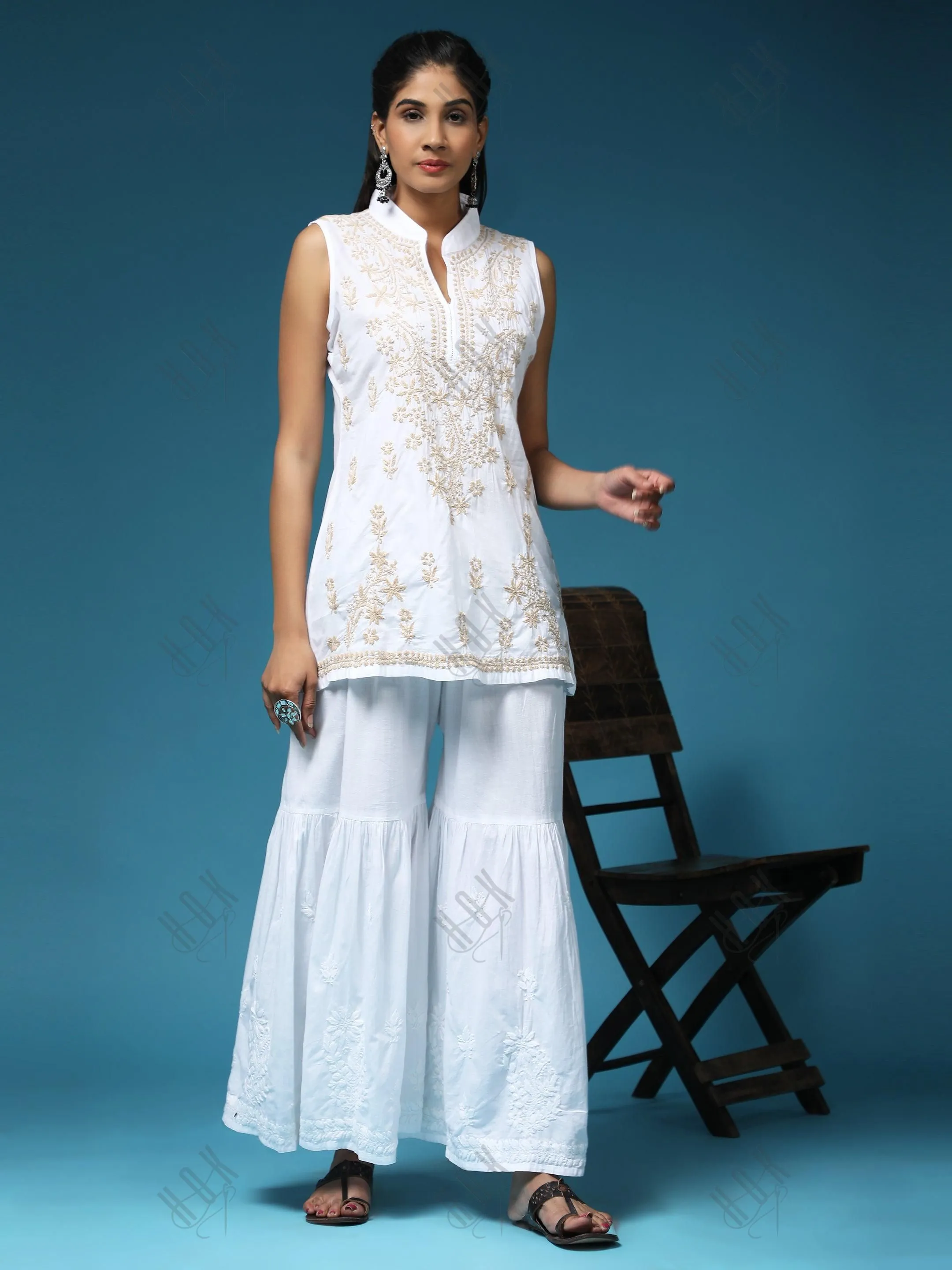 Sleeveless Hand Embroidery Chikankari Printed Short Cotton Tunics-White With Golden