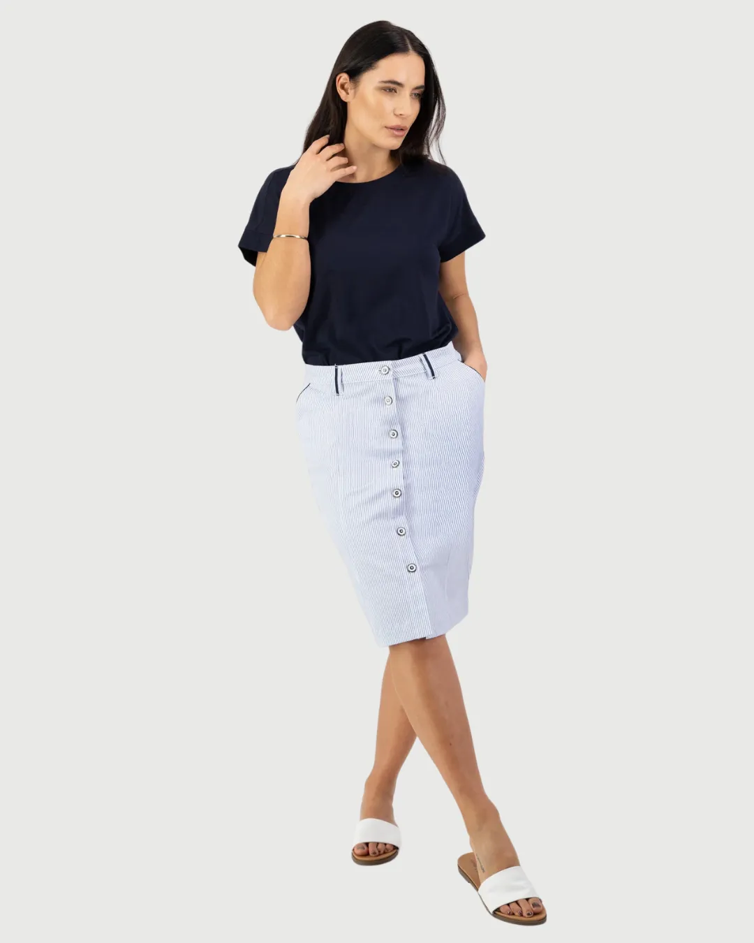 Vassalli Knee Length Skirt with contrast buttons and trim